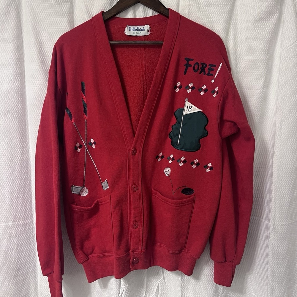 Vintage Belle‎ Pointe Knit Sweater Cardigan Golf Tees Color Block Novelty Large